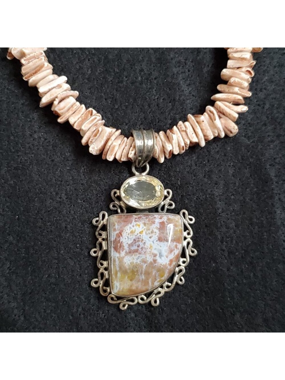 Jasper Pendant Necklace Sterling Silver Shell Beaded Beige Brown 19"
